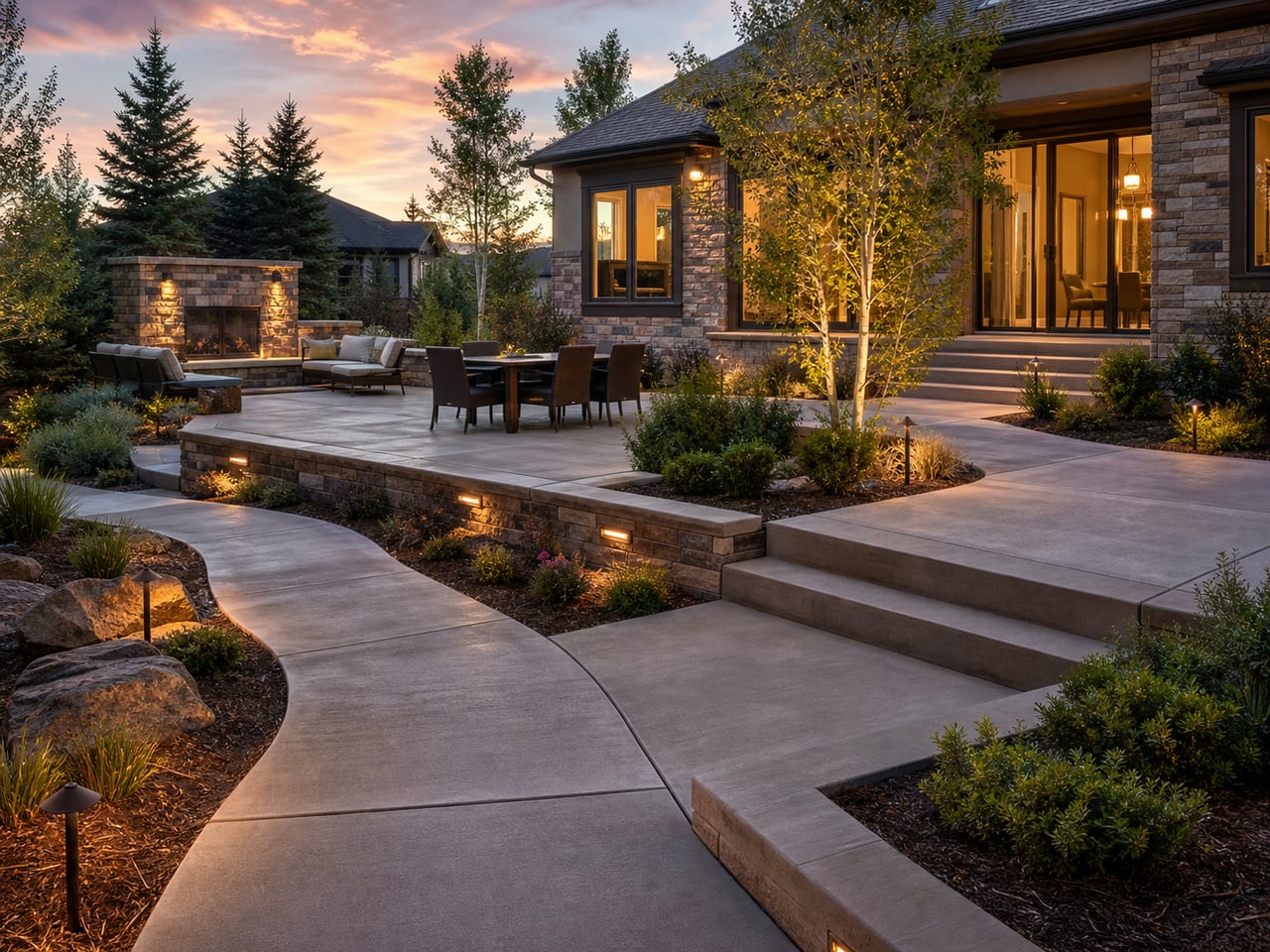 Finished backyard with poured concrete patio and walkways at dusk